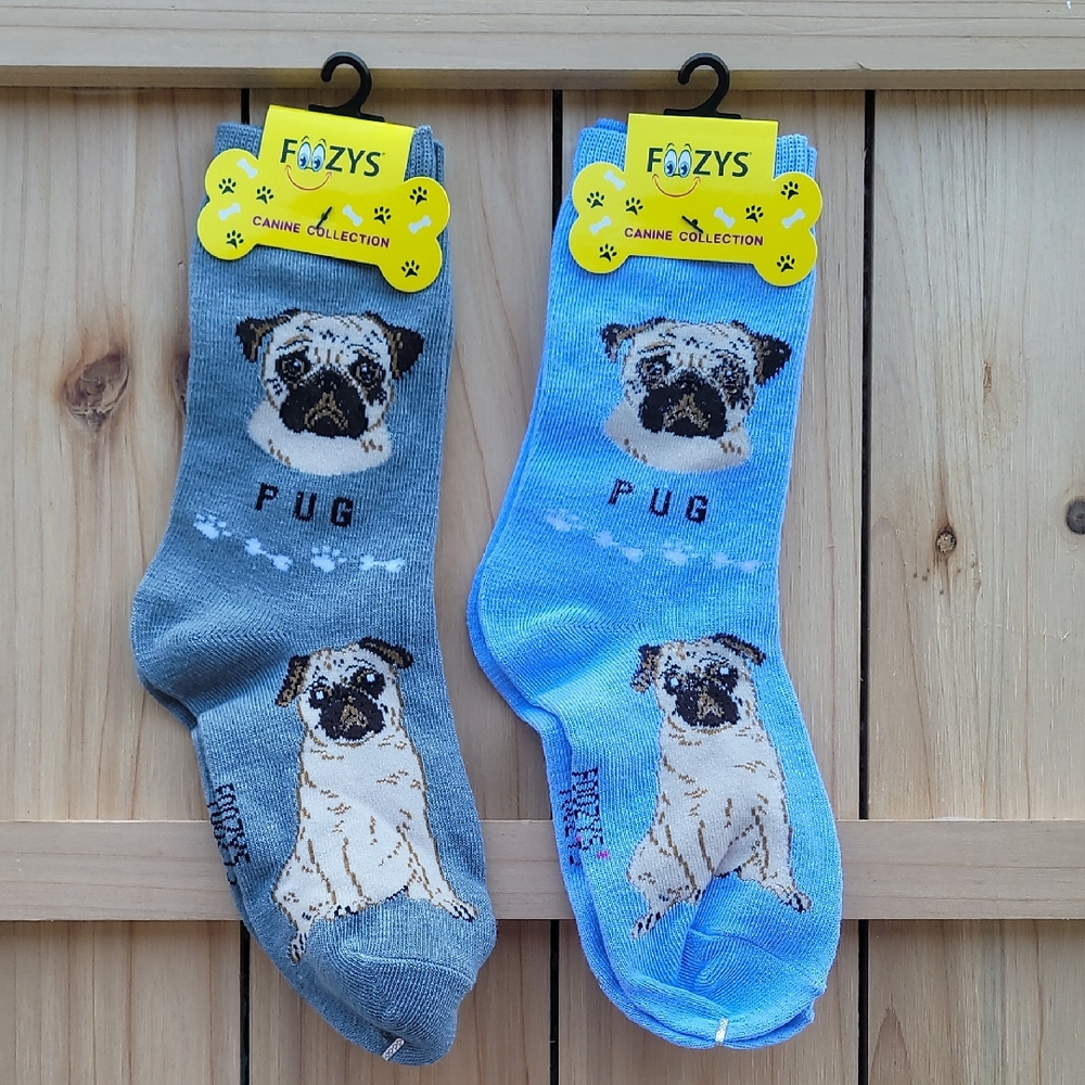 NWT Foozy's Pug Dog Socks - Gray and Blue - Unisex